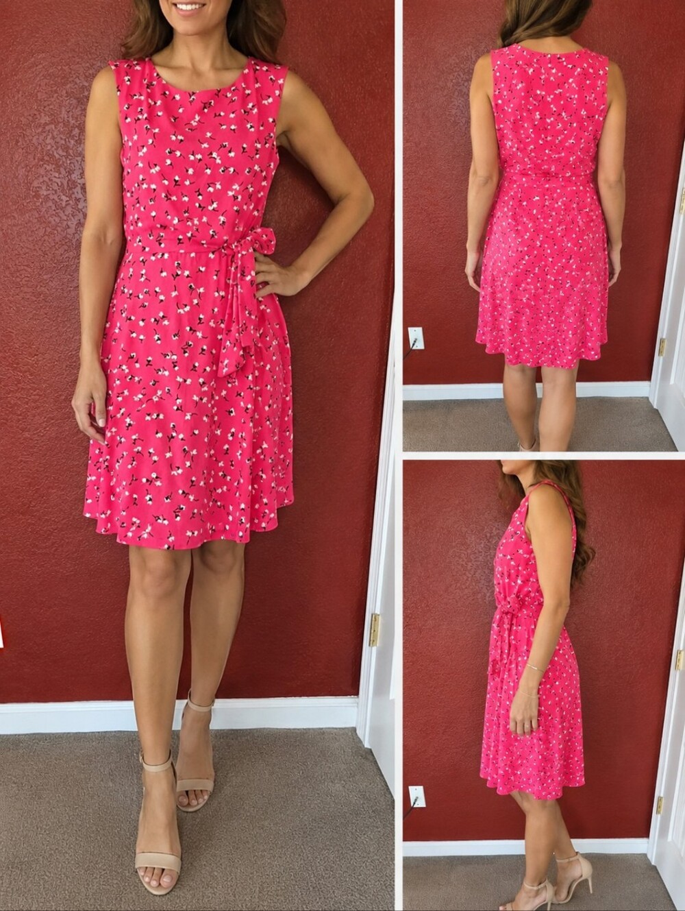 Women’s Pink Floral Tie-Waist Sleeveless Dress